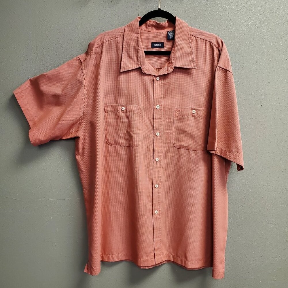 Izod Shirt Mens 2XL Orange Short Sleeve Button Up Dual Pocket Casual Check Egypt